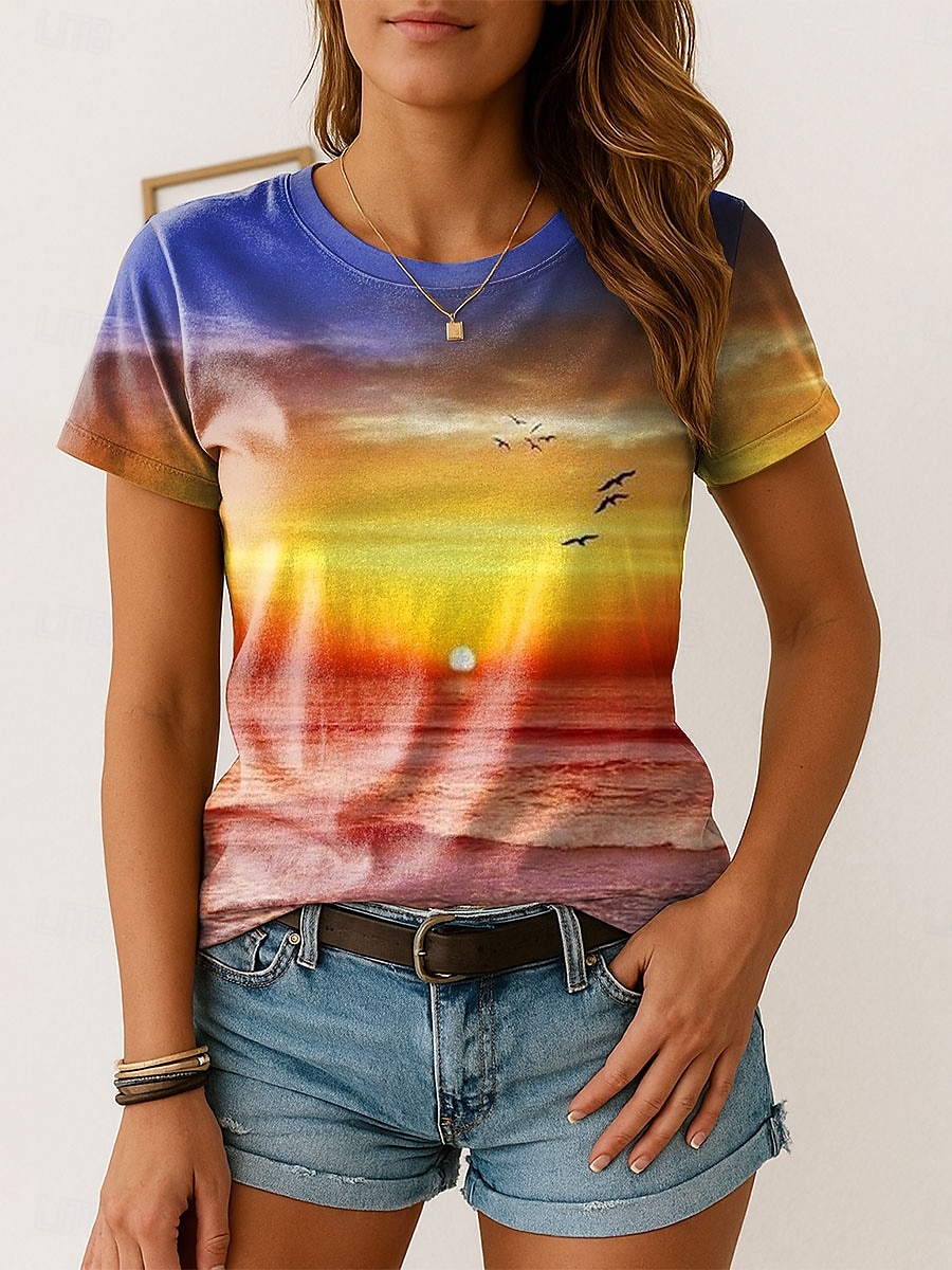 Femmes T-shirt A Ombre Graphique ancien Élégant Classique Manche Courte Col ras du cou Hauts Réguliers Quotidien Week-end Imprimé Rose Claire Bleu Violet Orange Été Printemps de 2025 ? $19.99 –P1