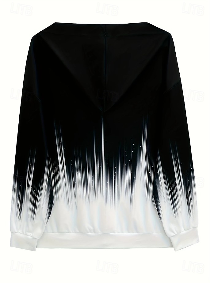 Felpa con zip da donna grafica geometrica a righe moda casual con maniche lunghe e cappuccio top regolari per il tempo libero quotidiano stampa con tasca nero fucsia primavera autunno del 2025 a $27.99 –P2
