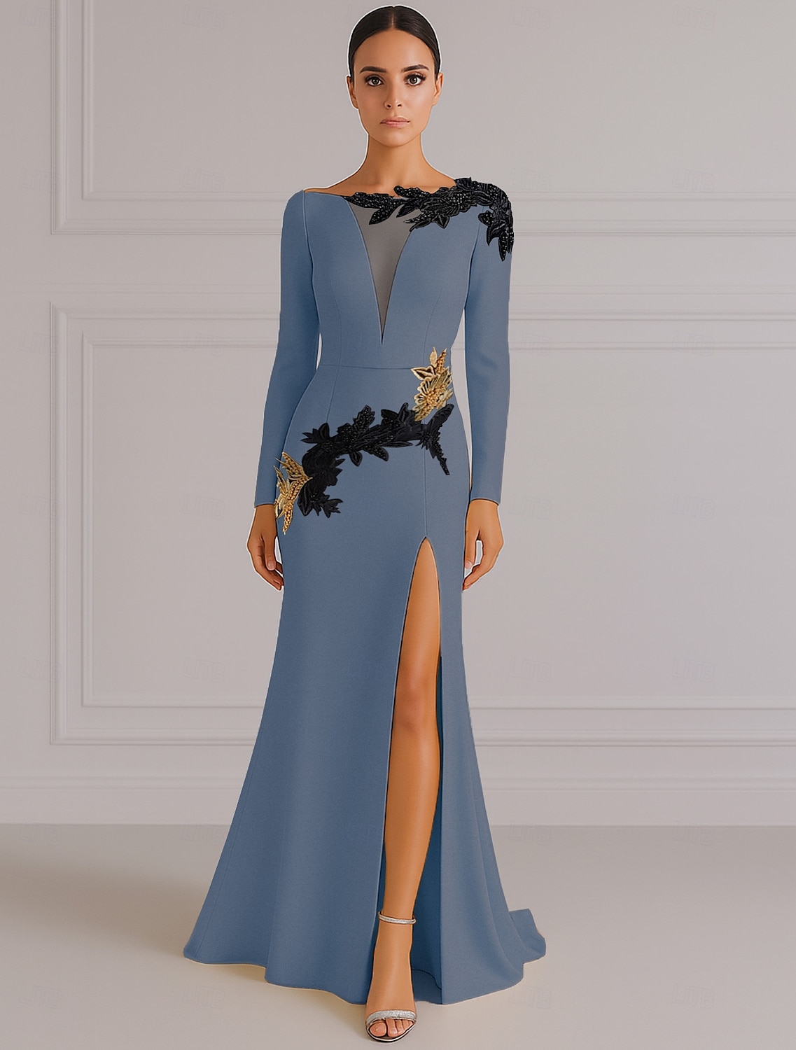 Schwarzes und goldenes A-Linien-Abendkleid, elegantes Kleid, formelles Smokingkleid, Hochzeitskleid, Schleppe, Langarm, V-Ausschnitt, Stretch-Krepp mit Paillettenstickerei 2025 2025 - $149.99 –P5
