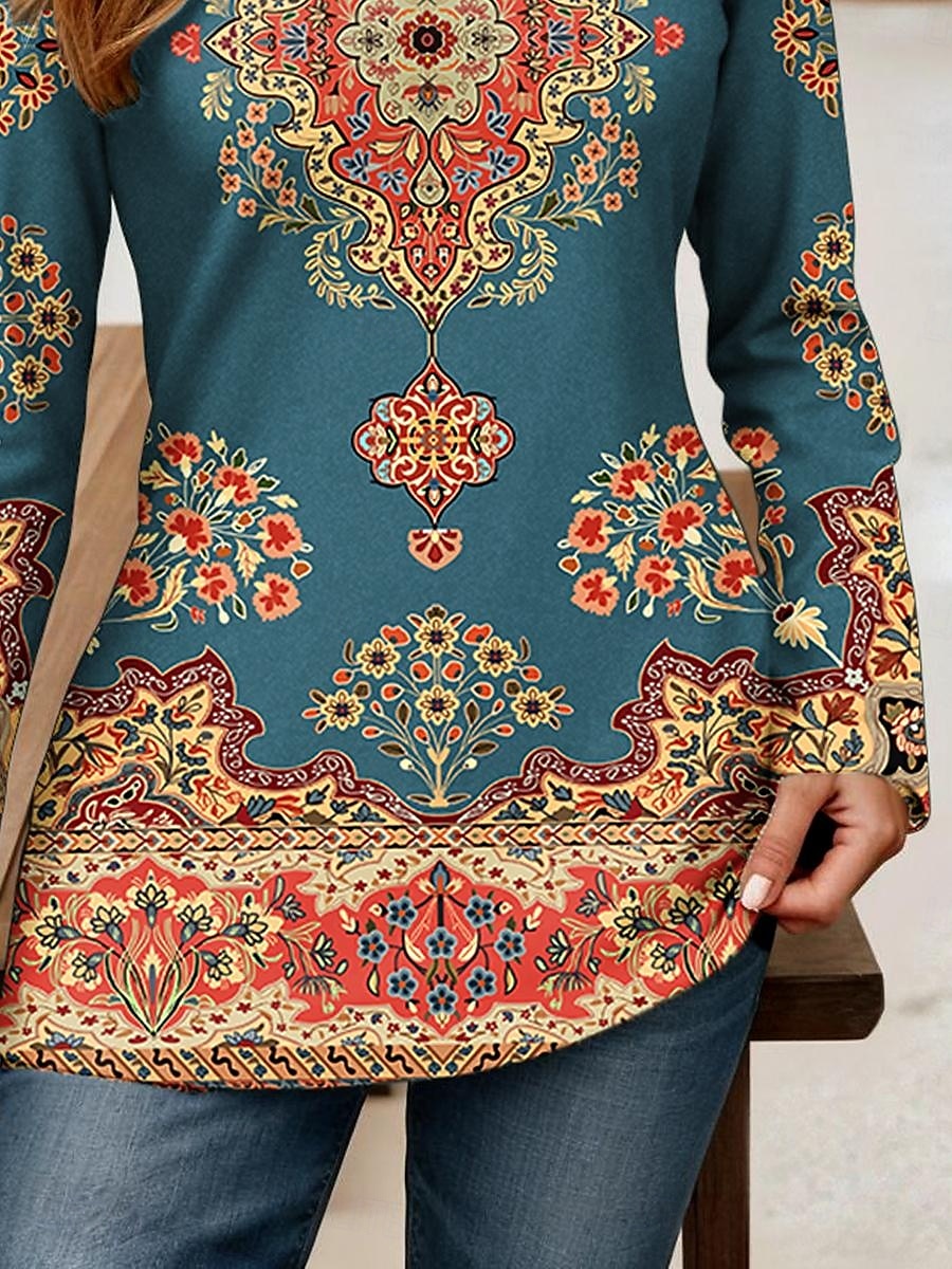Pentru femei Tricou Grafic Geometric Imprimeu Paisley Epocă Stilat Clasic Manșon Lung În V Topuri obișnuite Zilnic Eliminat Imprimeu Albastru Prăfuit Primăvară Toamnă 2025 - $22.99 –P3