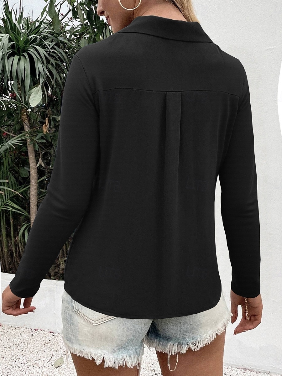 Camicia da donna con bottoni blusa unicolore elegante casual a maniche lunghe scollata a V colletto regolare eleganti quotidiani stampa nera bianca blu fucsia estate primavera del 2025 a $21.99 –P5