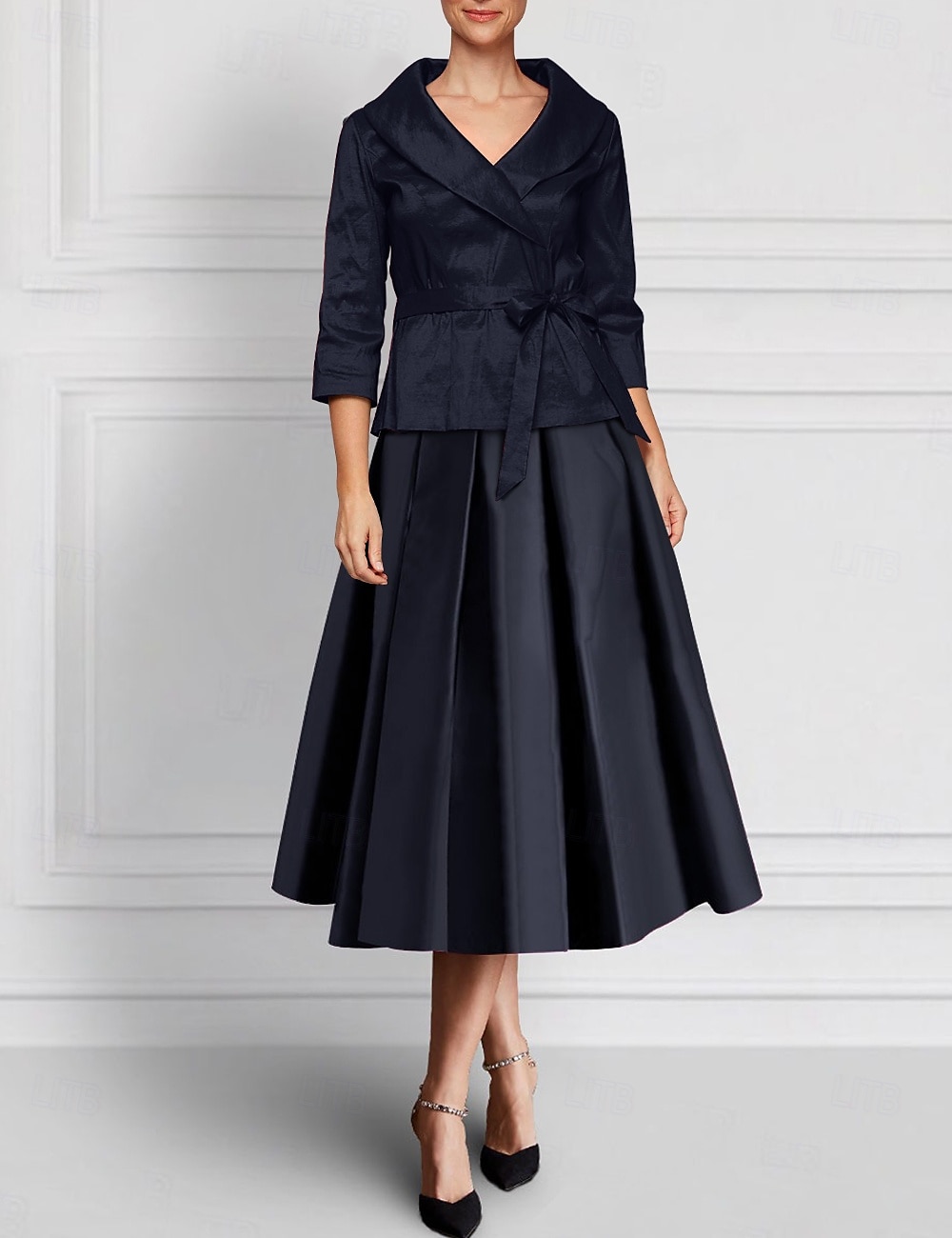 Ensemble de robes trapèze deux pièces, robe de mère de la mariée, élégante, revers, longueur au sol, longueur cheville, tissu extensible en satin, manches longues, bleu, noir, mariage d'automne 2025 de 2025 ? $139.99 –P6