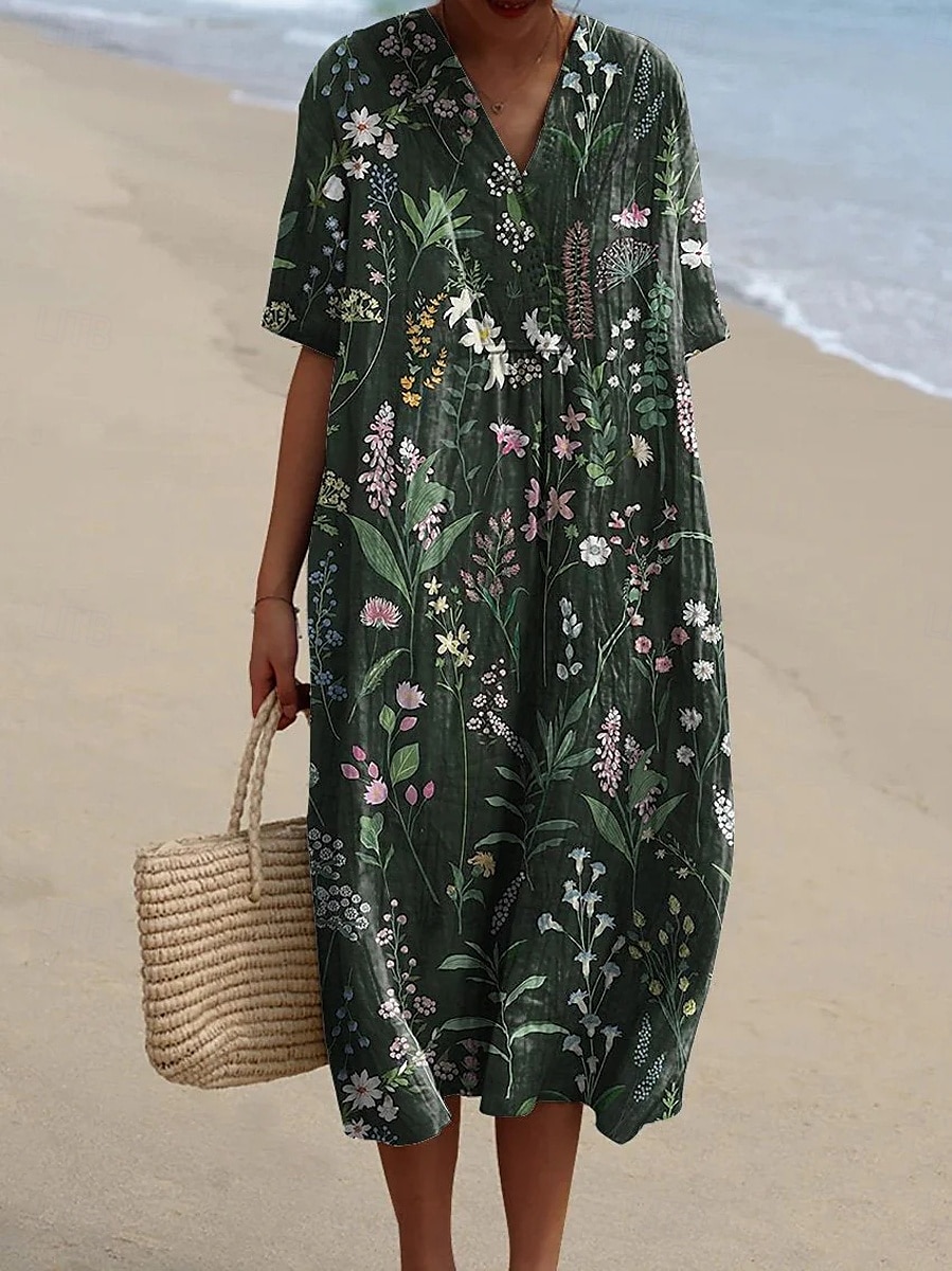 Femmes Robe Midi Robe d'Été Robe trapèze Vacances Occasionnel Chaussures de plage Soirée Sortir Plage Coupe Ample Fleuri Graphique Feuille Manche Courte Col en V Vert foncé Vert Été Printemps de 2025 ? $37.99 –P3