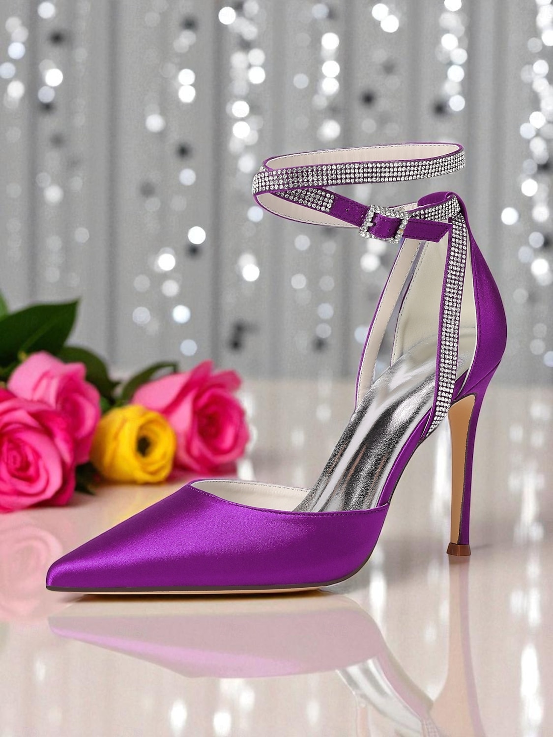 Scarpe con tacco a spillo da donna in raso viola con punta affilata e cinturino alla caviglia con strass - scarpe eleganti con tacco alto glamour per signore, ideali per cocktail party ed eventi del 2025 a $54.99 –P2