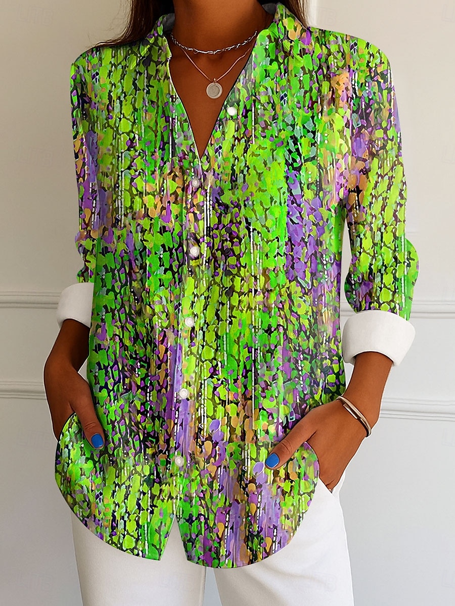 Femmes Chemise A Ombre Graphique Élégant ancien Tropical manche longue Col de chemise Hauts Réguliers Travail Quotidien Boutons Imprimé Bleu Violet Orange Vert Été Printemps de 2025 ? $32.99 –P5