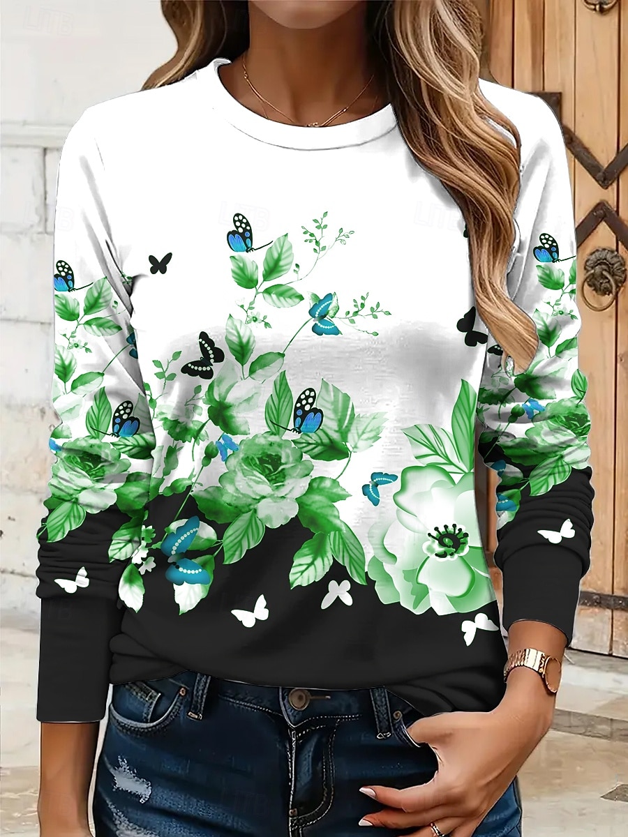 Per donna Maglietta Floreale Grafico Farfalla Vintage Elegante Classico Manica Lunga Girocollo Top Regolari Quotidiano Stampato Giallo Rosso Blu Viola Verde Estate Primavera Autunno del 2025 a $22.99 –P8