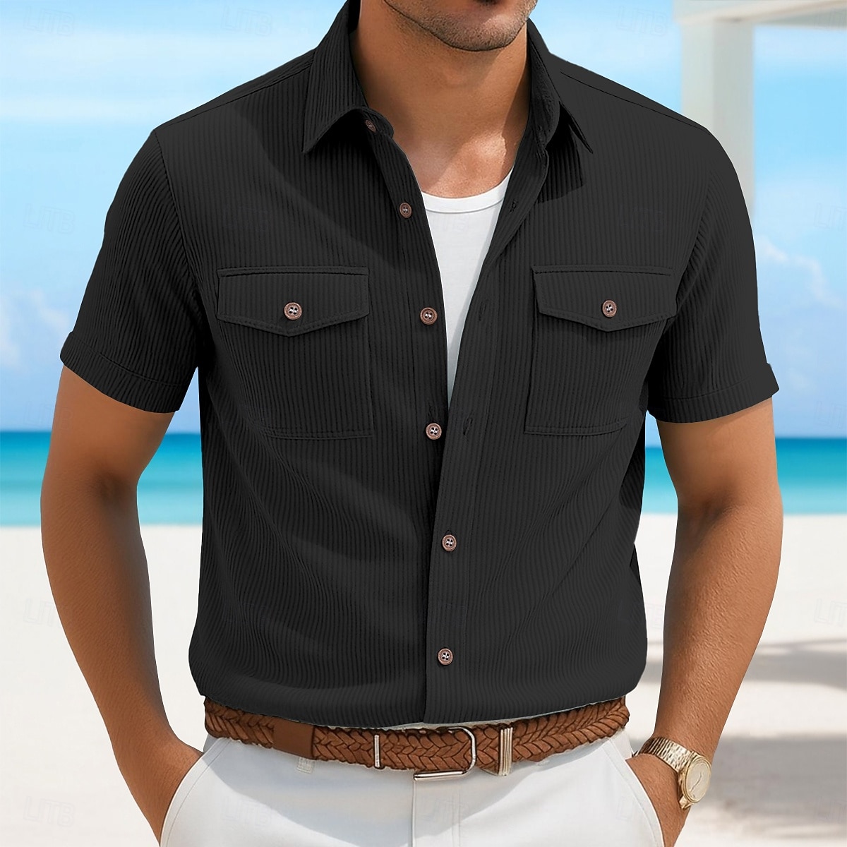 Herren Hemd Sommerhemd Freizeithemd Cordhemd Knopfhemd Cargohemd Schwarz Weiß Marineblau Himmelblau Kaki Kurzarm Streifen Revers Lässig Täglich Fronttasche Bekleidung Mode Lässig 2025 - $21.99 –P8
