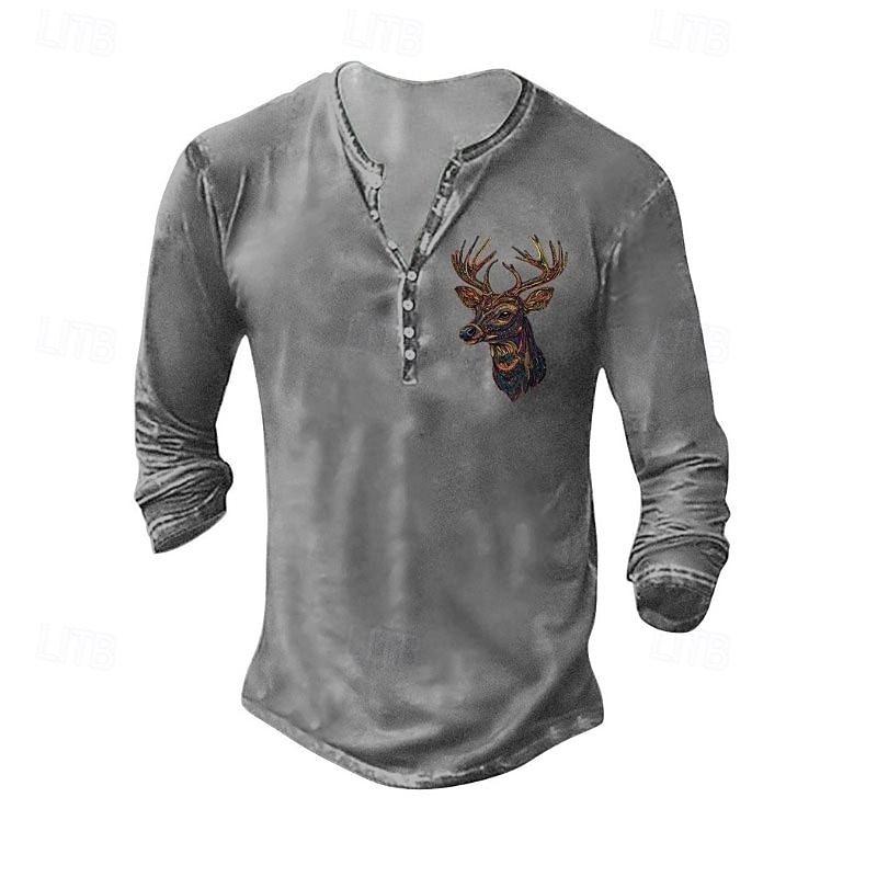 Men's Henley Shirt Tee Tee Top Long Sleeve Shirt Long Sleeve Henley Summer Fall Pattern Deer Fashion Designer Fashion Vintage Vacation Street Going out Dark Grey Black White Top Tee for Men 2026 - $24.99 –P1
