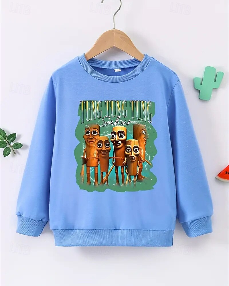 Jungen Langarmshirt mit italienischem Brain Rot Element Tung Tung Tung Sahur Print Frühling Herbst Mode Basic Kinder 4-12 Jahre Rundhalsausschnitt Outdoor Casual Täglich Regular Fit 2025 - $17.49 –P2