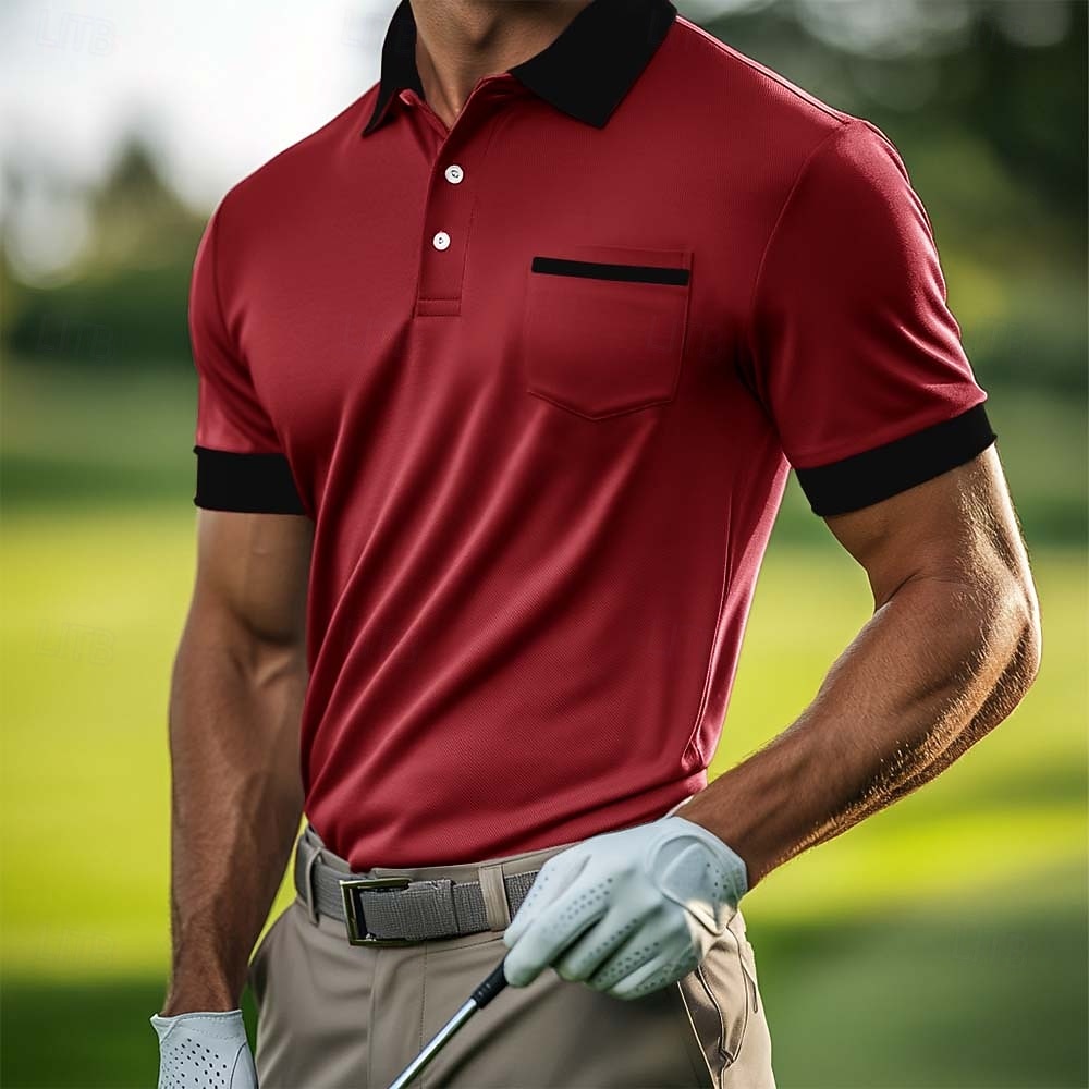 Herr Golftröja Piképikétröjor Ledigt Arbete Kavajslag Ribbstickad polokrage Kortärmad Grundläggande Modern Färgblock Ficka Sommar Vår Normal Grå Vit Ljusblå Golftröja 2026 - $17.99 –P5