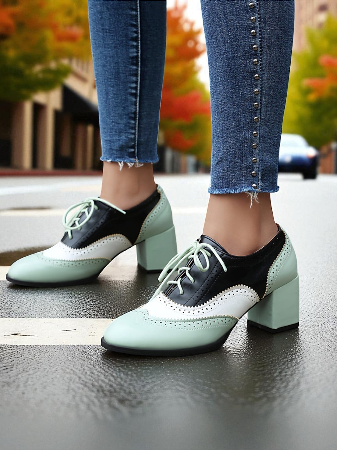 Zweifarbige Oxford-Schuhe mit Blockabsatz für Damen – Retro-Schnürschuhe in Mintgrün und Metallic für den Streetstyle im 50er-Jahre-Stil, Alltagsoutfits und legere Anlässe 2025 - $46.99 –P12