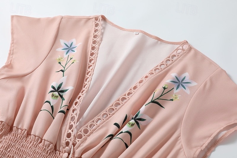 rochie midi pentru femei boem cu decolteu în V broderie florală talie elastică șnur cu mânecă scurtă vacanță la plajă roz confortabil potrivire regulată îmbrăcăminte ocazională de vară 2025 - $31.99 –P7
