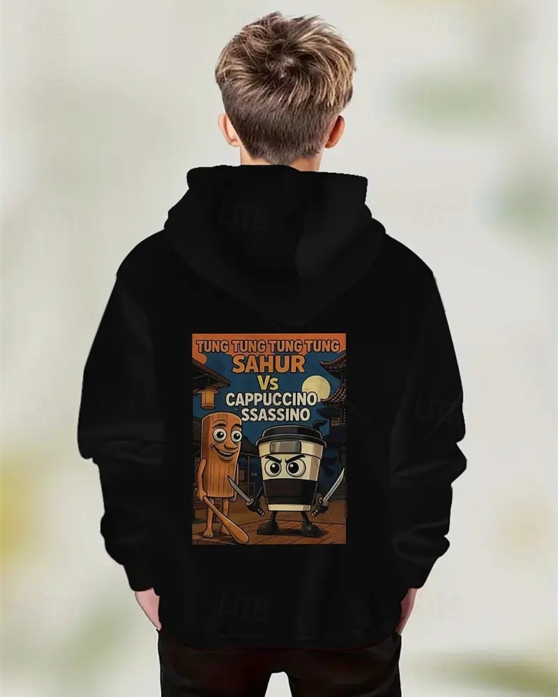 Moletom com capuz masculino de manga comprida com estampa italiana de podridão cerebral, elemento tung tung tung sahur, moda urbana primavera outono, crianças de 4 a 12 anos, com capuz, casual para de 2025 por $18.99 –P2