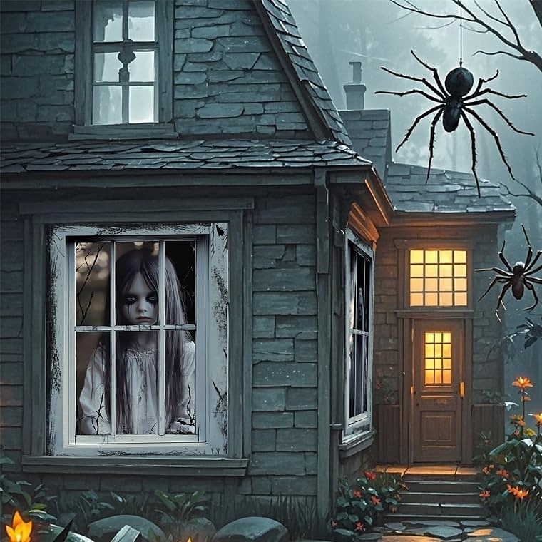 2 db-os halloweeni ablakdekoráció női szellem halloweeni ablak horror női szellem baba függöny szett horror koponya poszter beltéri és kültéri partidekoráció 2025 - $7.99 –P9