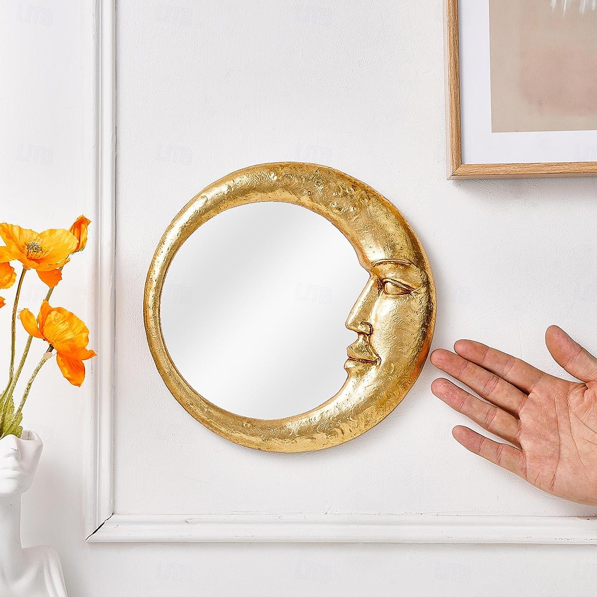 Espejo de pared con cara de luna de resina dorada, espejo colgante artístico redondo para decoración de pared de fondo del hogar, espejo de maquillaje creativo para tocador, decoración de pared y 2025 - $18.99 –P10
