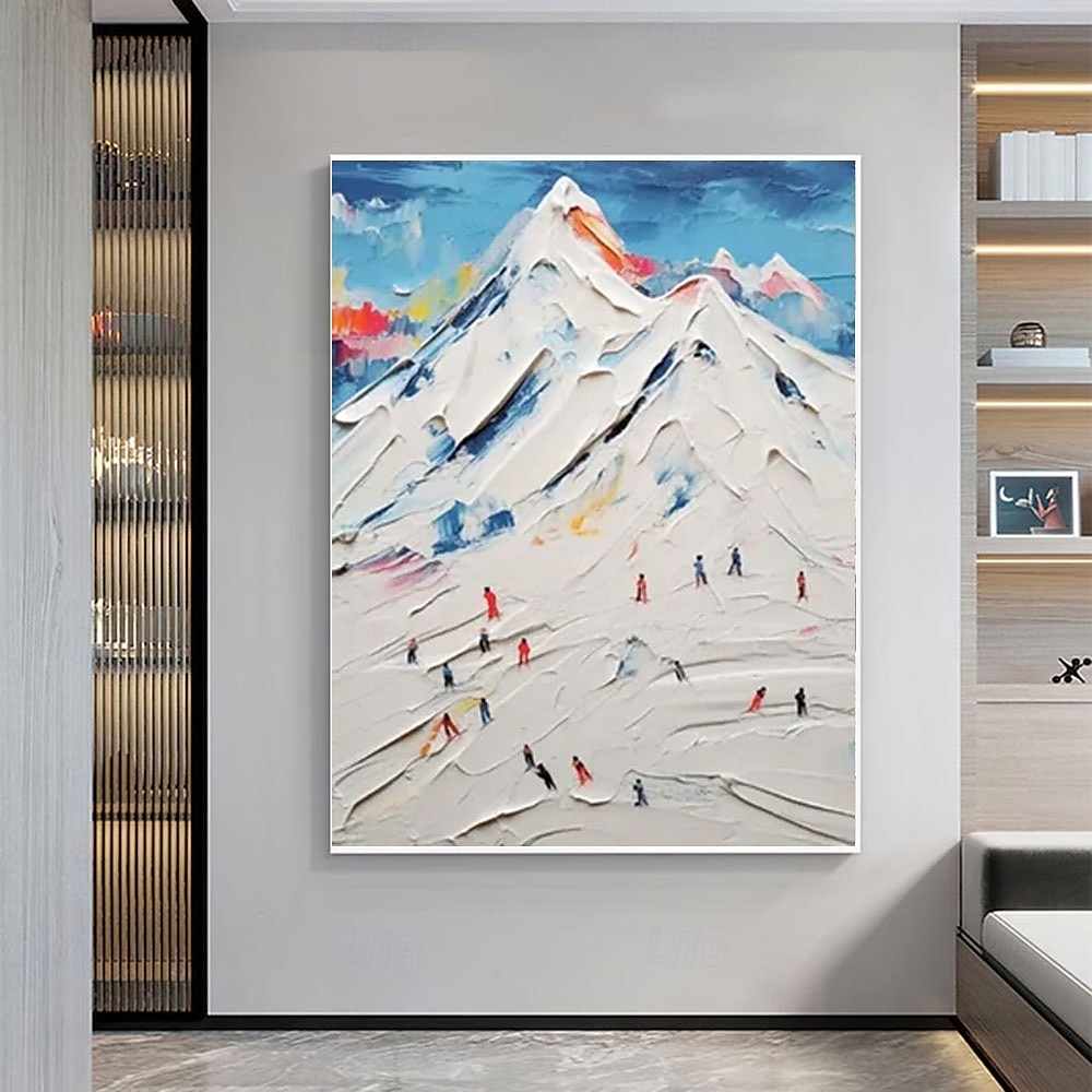 Peinture à l'huile texturée 3D faite à la main représentant un ski de montagne avec cadre de galerie - coups de pinceau impasto audacieux dans des teintes hivernales vibrantes skieurs dynamiques sur de 2025 ? $233.79 –P4