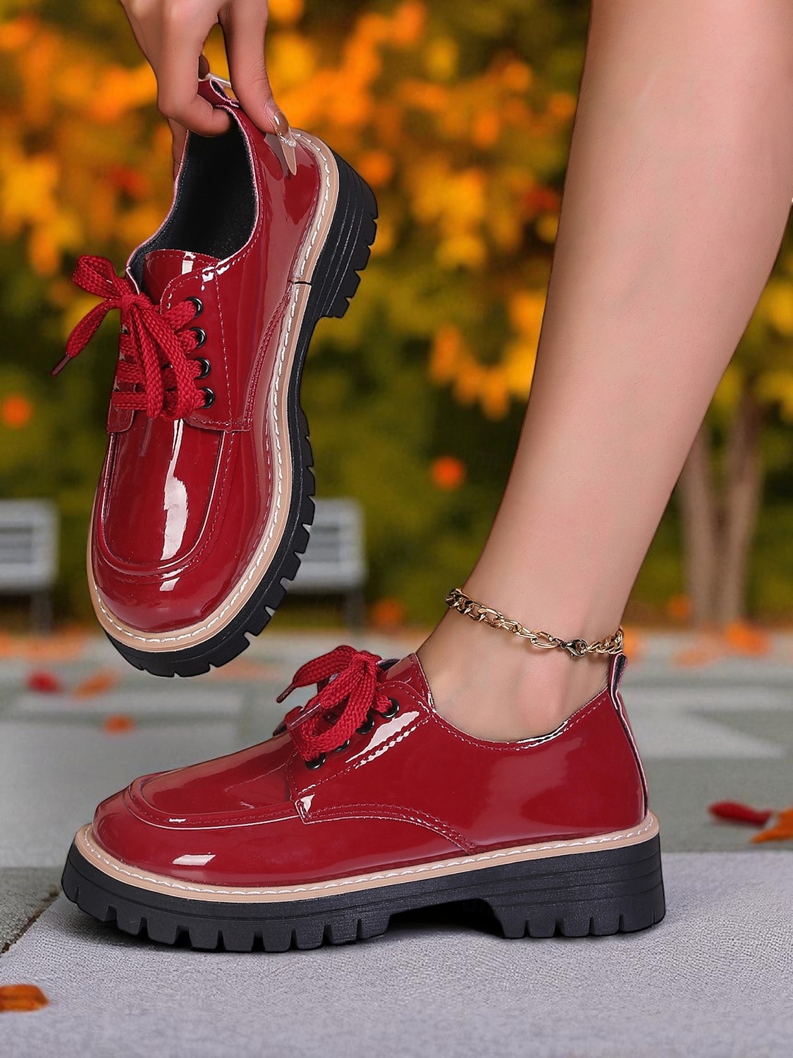 Women's Red Patent Leather Oxford Shoes – Chunky Sole Lace-Up Flats for Daily Wear, School & Urban Street Style 2025 - $24.99 –P6