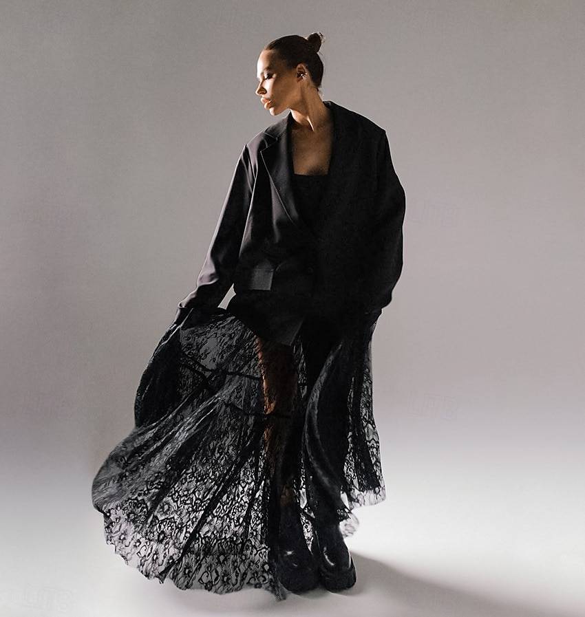 Femmes Jupe Trapèze Évasé Élégant ancien Sexy Longue Maxi Taille Moyenne Jupes Dentelle A Volants Patchwork Non Elastique École Performance Noir Printemps, Automne, Hiver, Été Nylon de 2025 ? $37.99 –P1