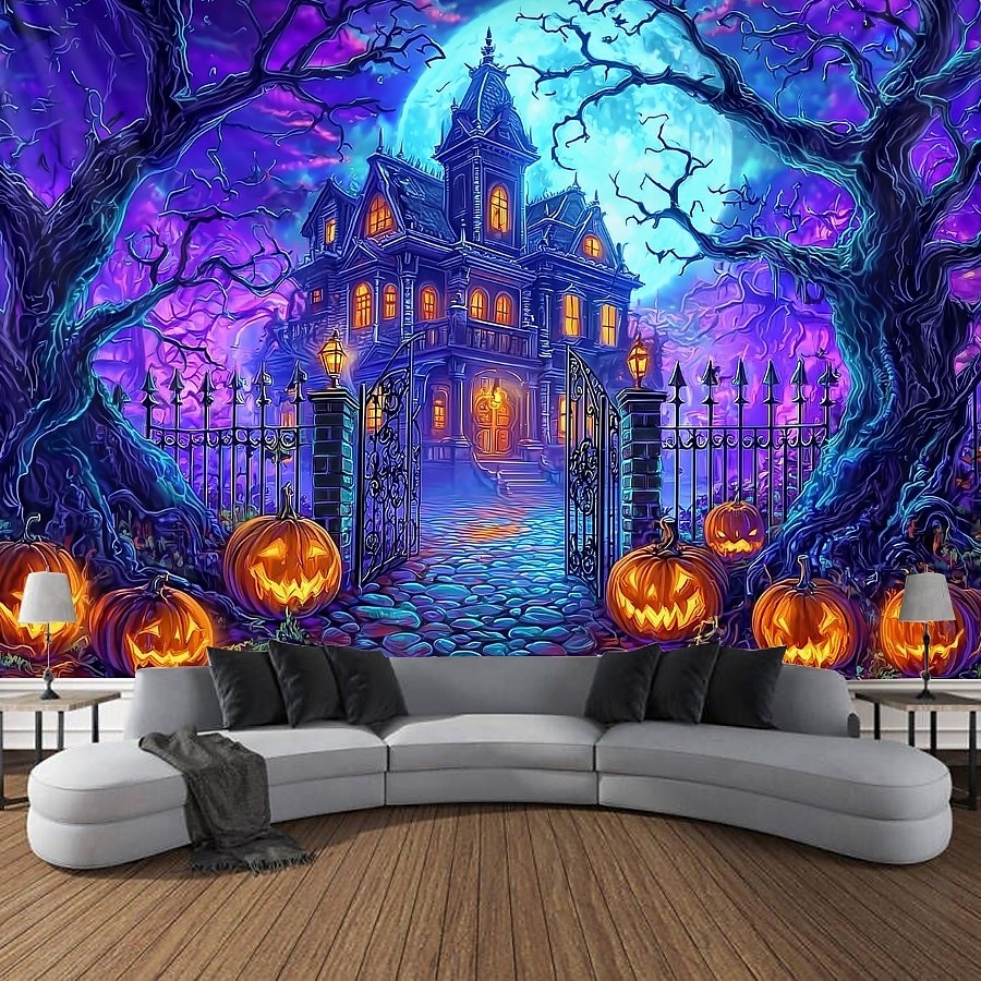 Halloween Blacklight Tapestry Skeleton Haunted House UV Reactive Glow in the Dark Forest Trippy Mountain Misty Graveyard Ghost Hanging Tapestry Wall Art Mural for Living Room Bedroom 2025 - $13.99 –P6