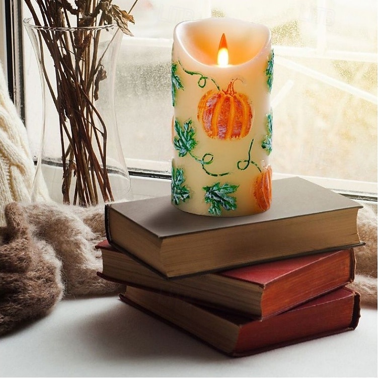 1/2 paquet 15 * 7cm bougie électronique de simulation LED en relief bougie en cire de paraffine tête de flamme vacillante Halloween Thanksgiving en forme de citrouille lumière d'ambiance de fête de 2025 ? $14.99 –P6