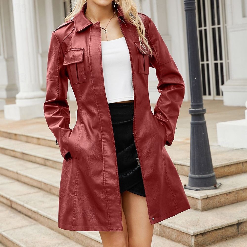 Women's Coat Windproof Comfortable Pocket Full Zip Fashion Street Style Plain Outdoor Casual Daily Long Turndown Regular Fit Long Sleeve Outerwear Black Burgundy Camel Fall Winter 2025 - $58.8 –P12