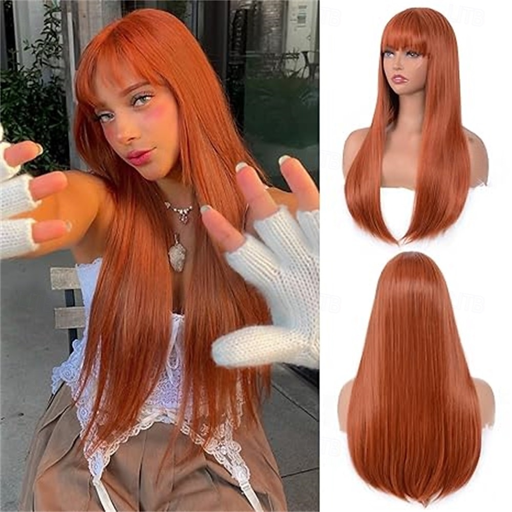 Perruque brune avec frange pour femmes, perruque synthétique longue et droite, résistante à la chaleur, pour filles, usage quotidien, fête, Halloween, cosplay, 24 pouces de 2025 ? $27.99 –P4