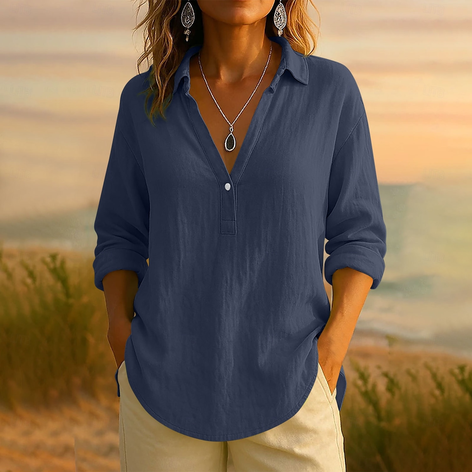 Damen Bluse Einfarbig Elegant Lässig Langarm V Ausschnitt Normale Oberteile Täglich Ferien Knöpfe Schwarz Rosa Blau Purpur Grün Sommer Frühling Herbst 2025 - $25.99 –P3
