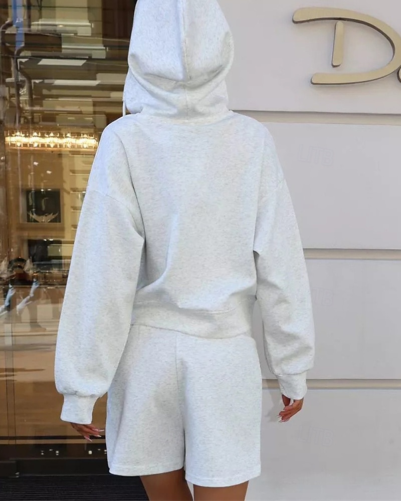 Mulheres Moda Roupa de rua Moletom Conjuntos de shorts Manga Longa Com Capuz Tecido Zíper Roupa Diária Encontro Branco Rosa Azul Verão Normal de 2025 por $27.99 –P8
