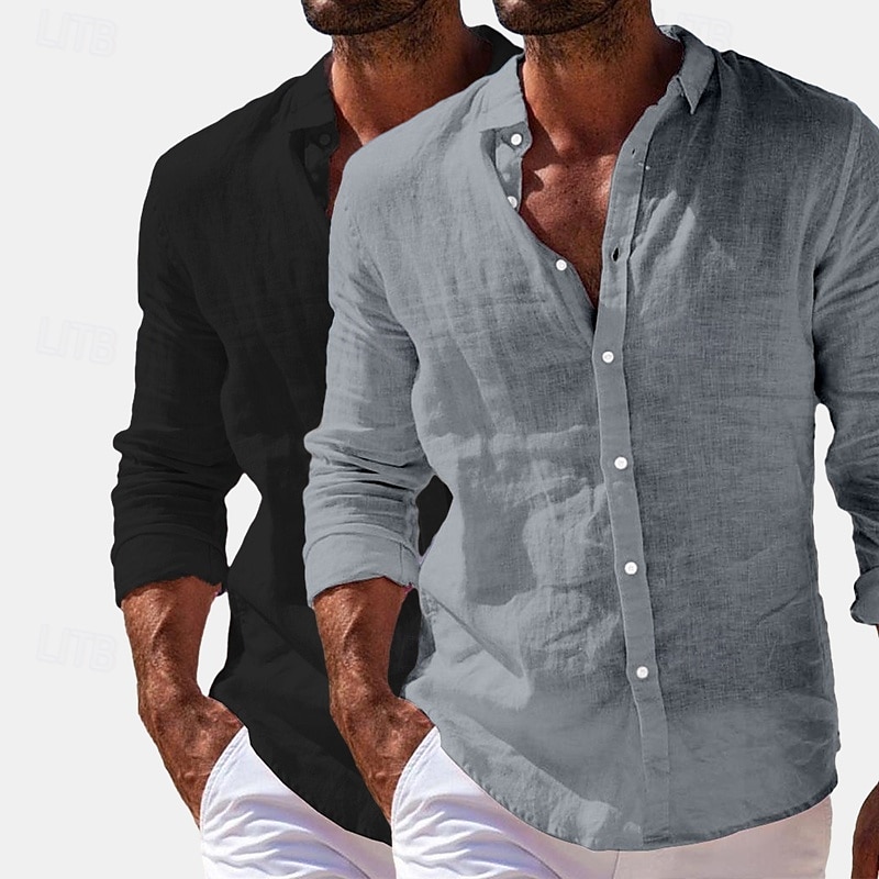 Herren Hemd Leinenhemd Sommerhemd Strandbekleidung Knopfhemd Einfach Urlaub Lässig Weiss + Rosa Marineblau + Grau Grün+Khaki Blau+Marineblau Langarm Umlegekragen Sommer Frühling Bekleidung Rein 2025 - $27.99 –P7