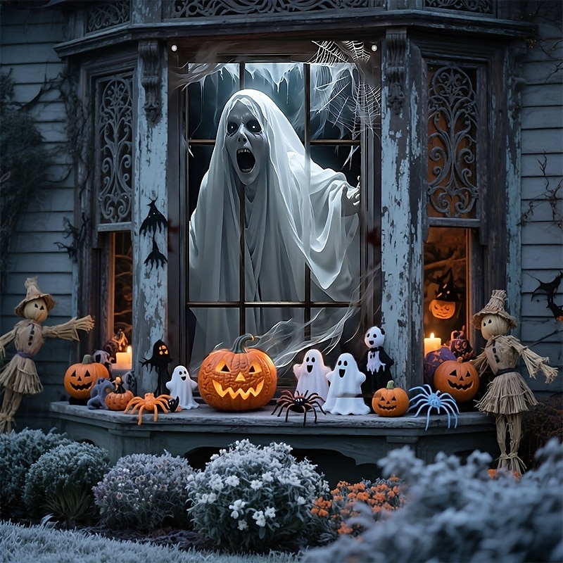 2025年 ハロウィンの窓バナーデコレーション 1個 怖いゴーストデザイン ポリエステル生地 屋内壁と窓用装飾 パーティーやカーニバル用 電気不要 万能ホリデーアクセサリー  コレクション – $77.99 –P8