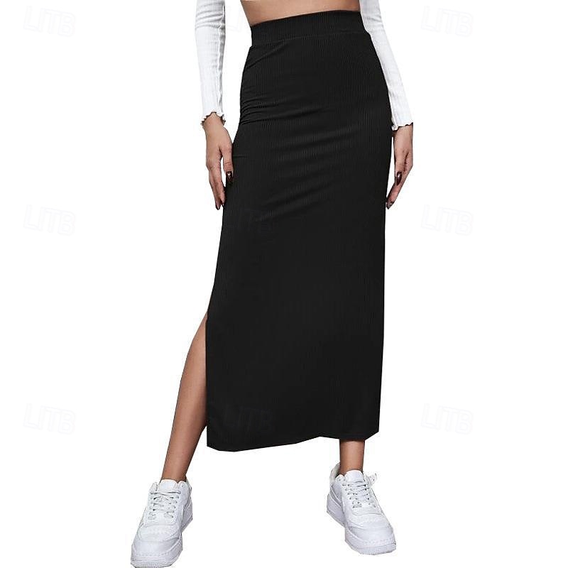 Dames Rok Casual Maxi Medium taille Rokken Effen Gespleten punten Micro-elastisch Vakantie Straat Zwart Rood Licht Bruin Bruin Zomer Polyester 2025 - $17.99 –P6
