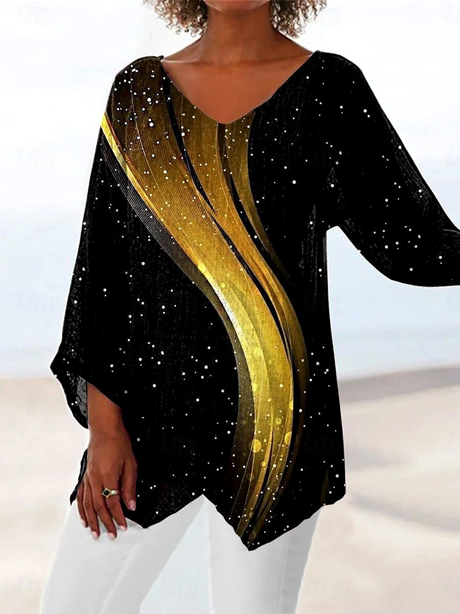 Women's Blouse Graphic Abstract Feather Vintage Tropical Stylish 3/4 Length Sleeve Crew Neck V Neck Regular Tops Daily Holiday Beach Wear Print Black Sky Blue Gray Summer Spring Fall 2025 - $24.99 –P3