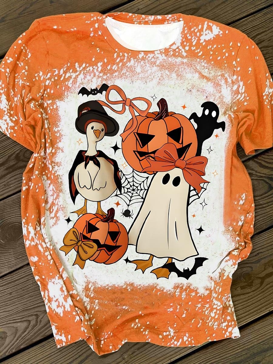 Halloween Dame T skjorte Grafisk Hodeskaller Årgang Stilfull Fritid Kortermet Crew-hals Vanlige topper Daglig Helg Trykt mønster Gul Oransje Rose Rosa Sommer Høst 2025 - $19.99 –P2