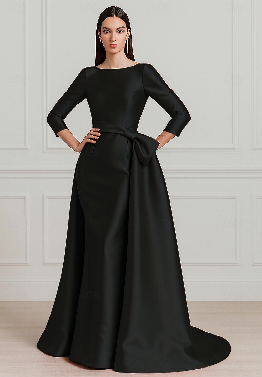 rot-schwarzes A-Linien-Abendkleid, elegantes Kleid, formelle Hochzeit, bodenlang, 3/4-Ärmel, Rundhalsausschnitt, Stretch-Satin mit Falten, 2025 2025 - $139.99 –P6