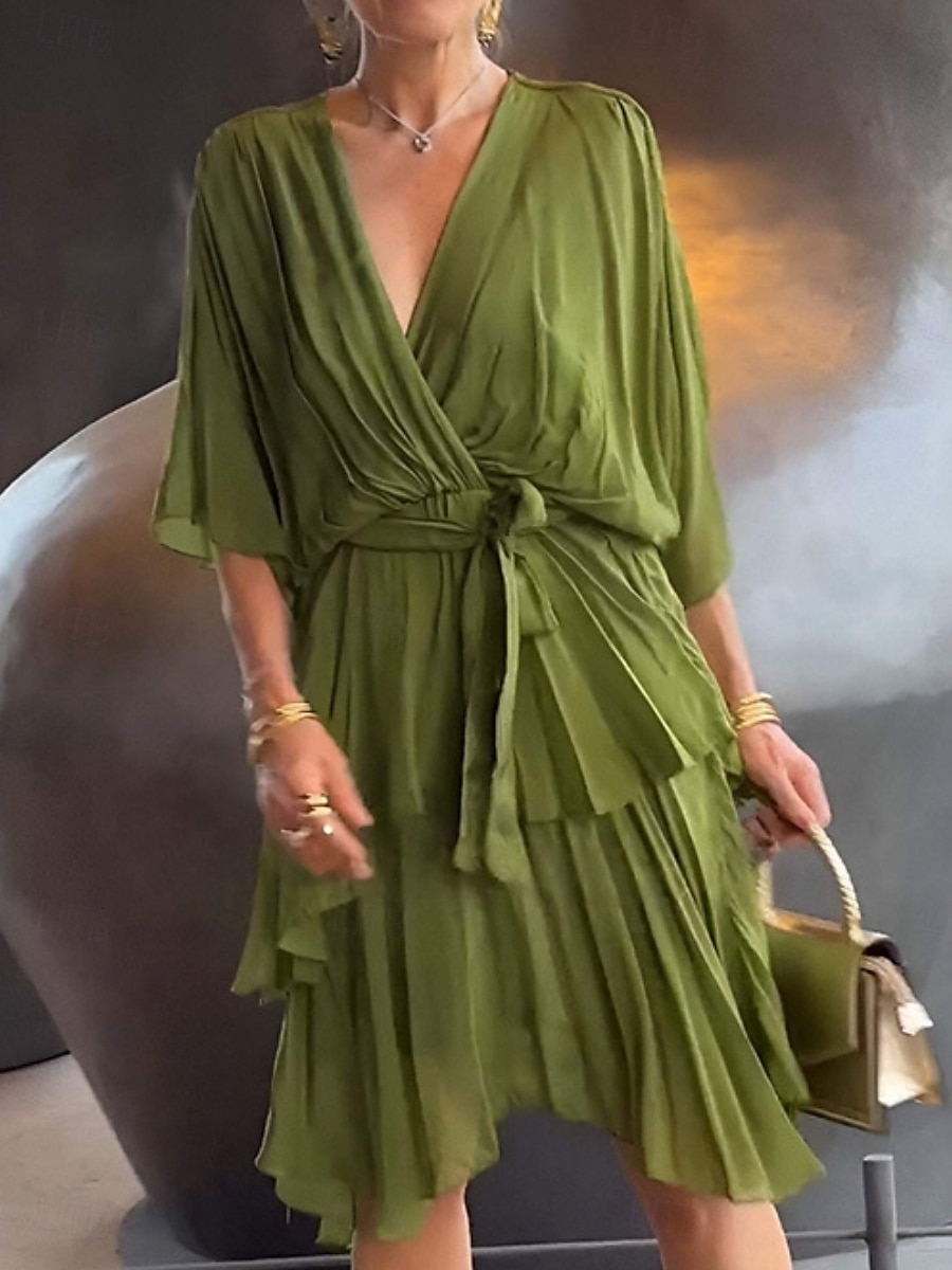 Femmes Mini Robe Robe de Cocktail Robe d'invité de mariage Mousseline de Soie Mode Moderne Extérieur Vacances Coupe régulière Uni Manche 3/4 Col en V Vert Été Printemps Automne de 2025 ? $28.99 –P2