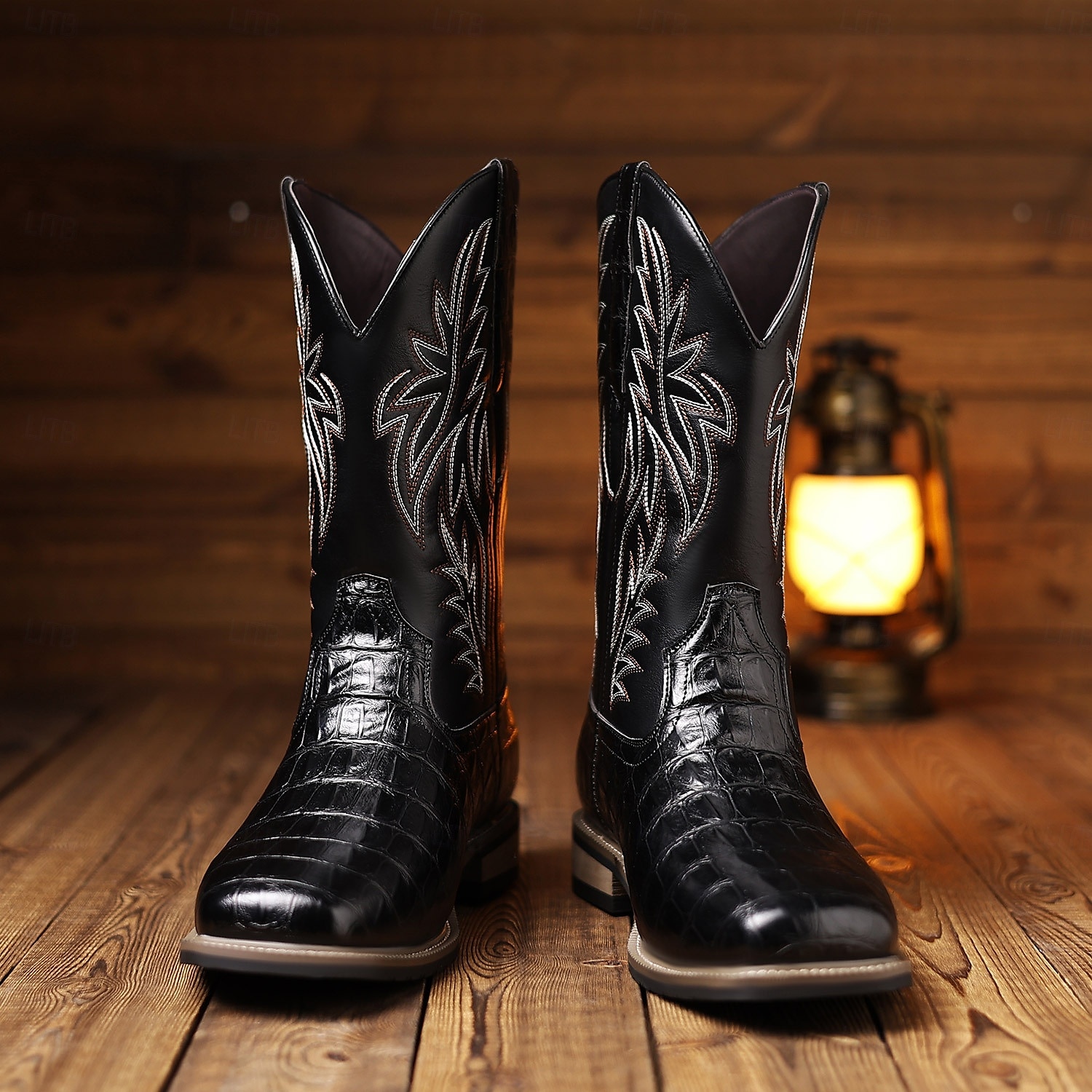 Bottes de cowboy western en cuir de vachette noir gaufré pour hommes avec bout pointu et coutures classiques, chaussures élégantes pour les événements country, l'équitation et la mode rodéo de 2025 ? $54.99 –P5