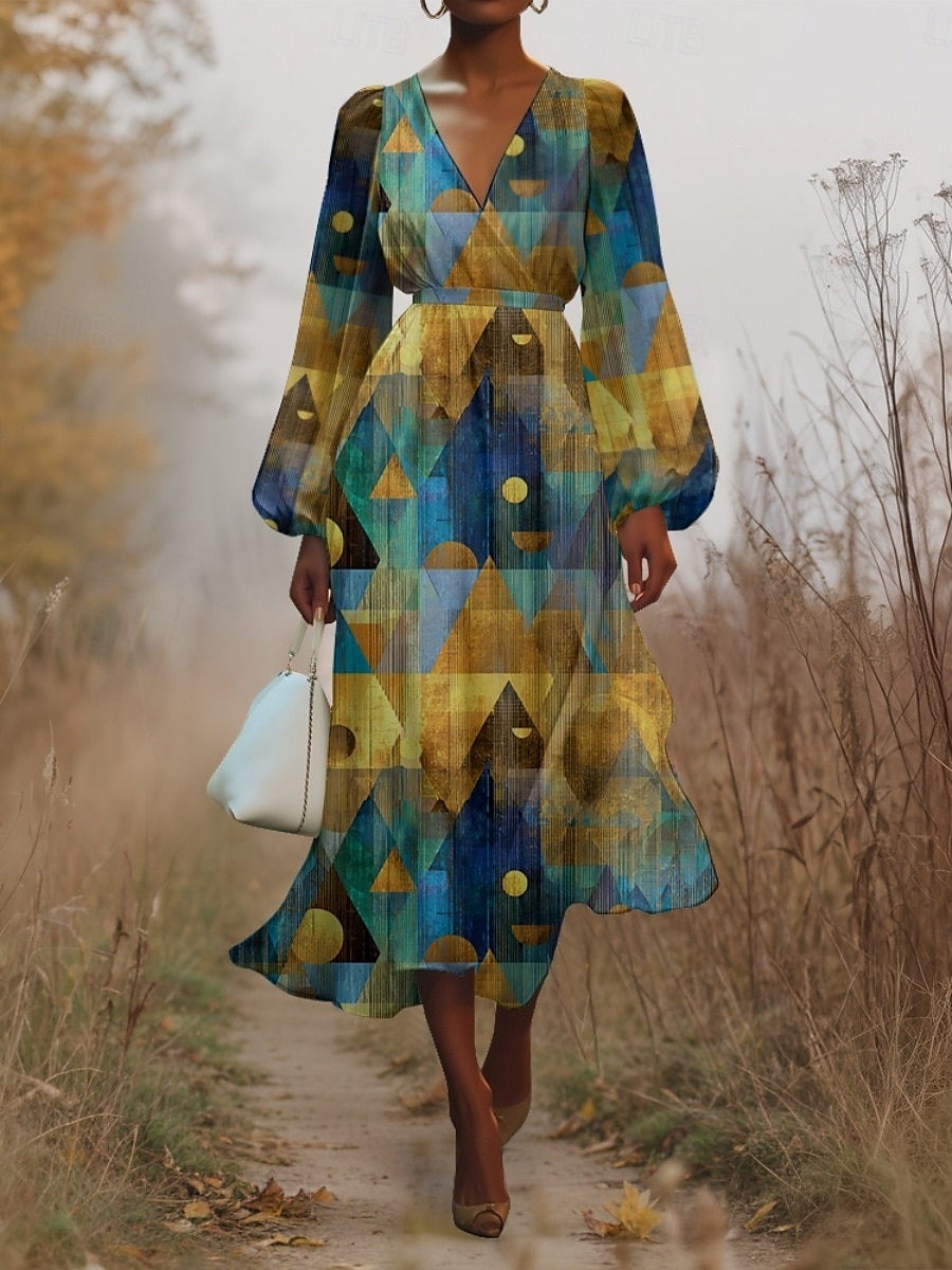 Pentru femei Rochii Midi Rochie casual Șifon Rochie leagăn Modern Vacanță Zilnic Sfârșit de săptămână Fit regulat Geometric Manșon Lung În V Albastru piscină Mov Maro Trifoi Vară Primăvară Toamnă 2025 - $31.99 –P7