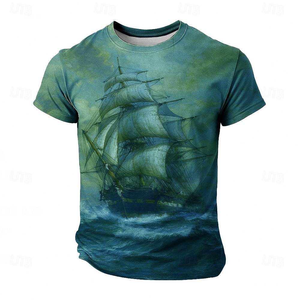 Voor heren Schip Boot T-shirt Korte mouw T-shirt 3D-afdrukken Strakke ronde hals Overhemd Retro vintage Vintage Retro Feest Casual Dagelijks Bruin Groen Zomer Lente Alle seizoenen Kleding S M L XL 2026 - $19.49 –P3