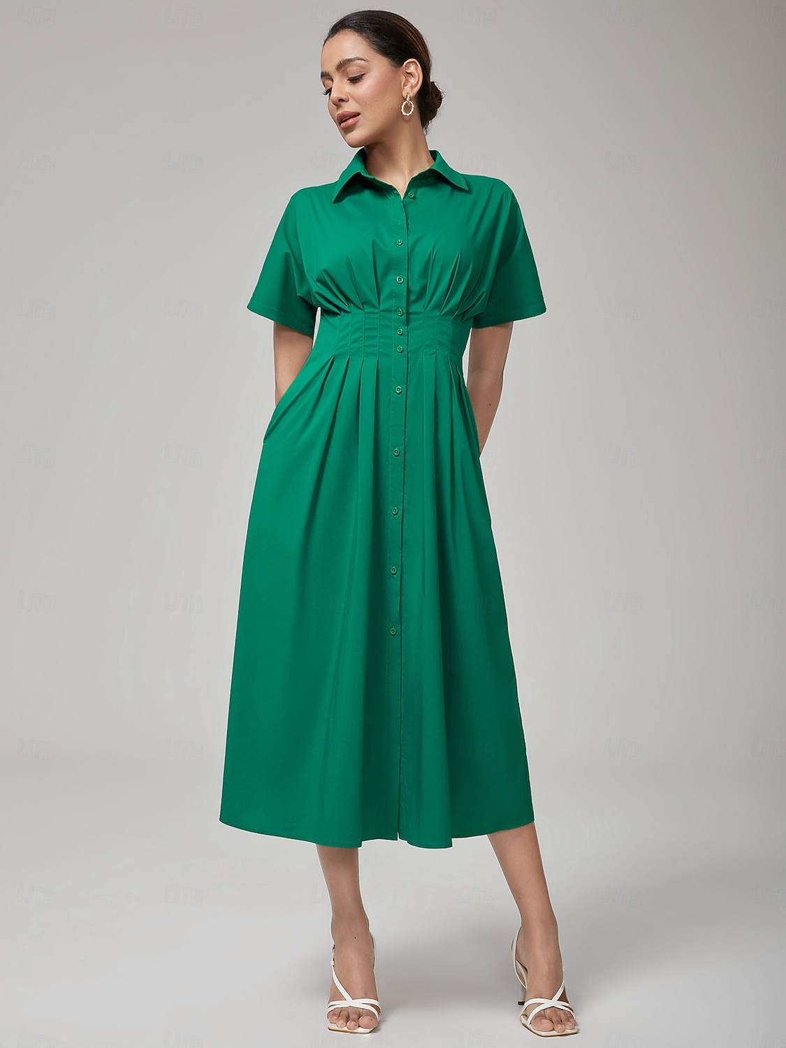 dam maxiklänning vintage grön bomull veckad midja skjortkrage avslappnad elegant vår sommar höst 2026 - $102.99 –P3