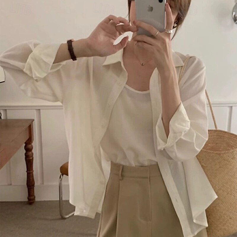 Damen Hemd Chiffon Tops Einfach Täglich Stilvoll Basic Langarm Hemdkragen Normale Oberteile Arbeit Täglich Ferien Knöpfe Weiß Gelb Blau Frühling Herbst 2025 - $24.99 –P3