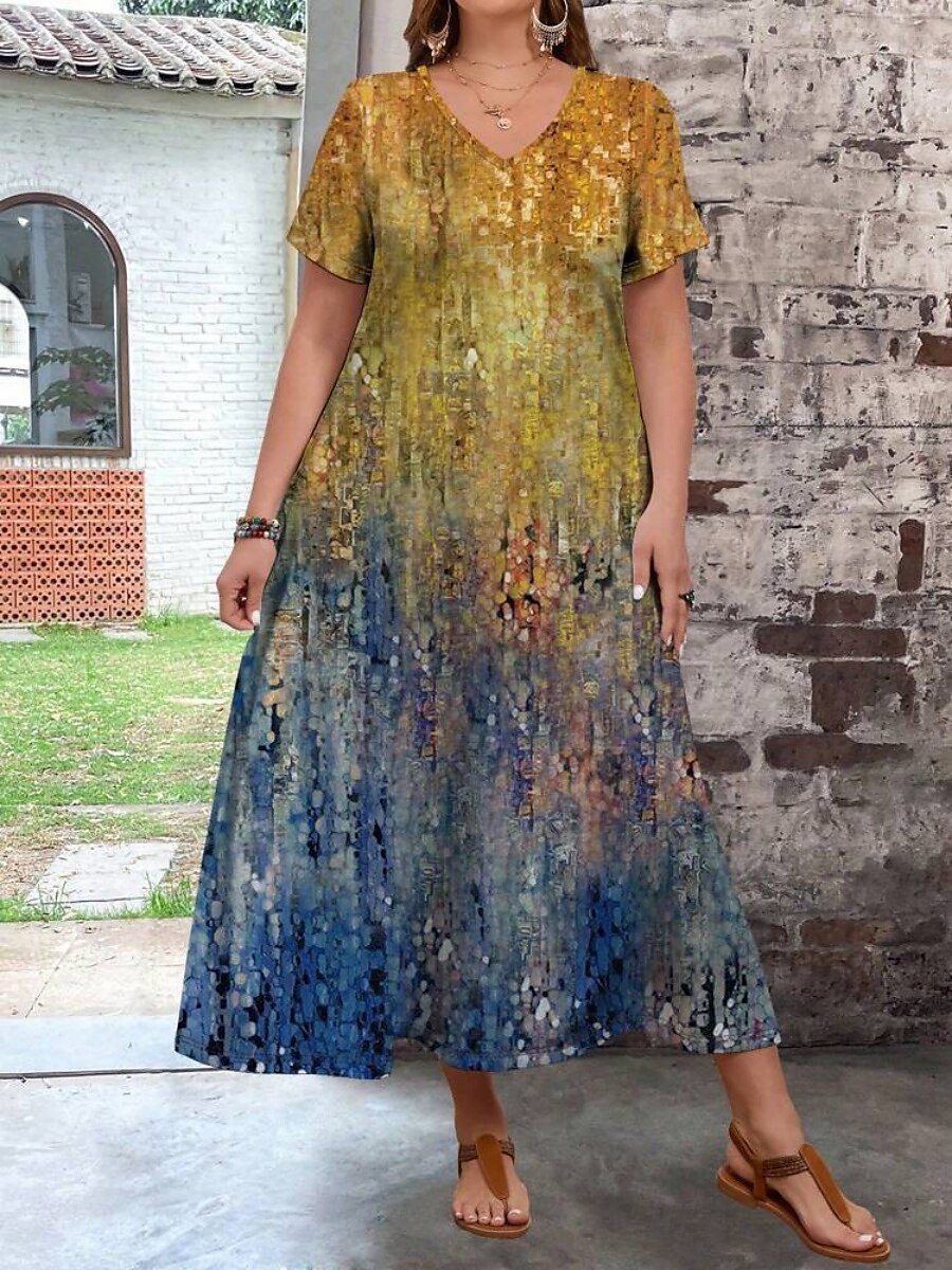 Damen Übergröße Freizeitkleid Ombre V Ausschnitt Kurzarm Sommer Frühling Mode Modern Lässig Maxikleid Ferien Wochenende Kleid 2025 - $28.99 –P12