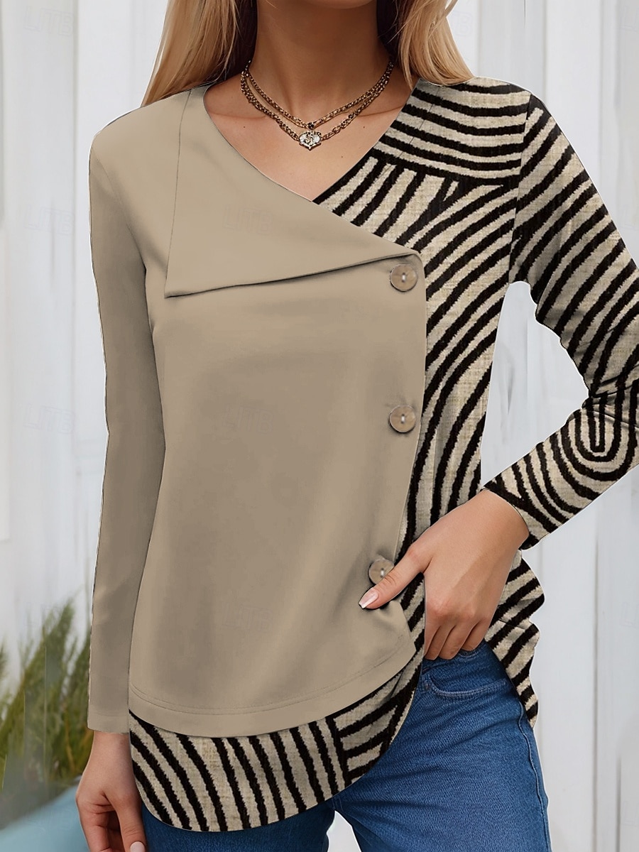 Per donna Maglietta Grafico Geometrico Moda Casual Manica Lunga Scollo a V Top Regolari Quotidiano Patchwork Bottoni Stampato Nero Marrone chiaro Cachi Primavera Autunno Inverno del 2025 a $24.99 –P2
