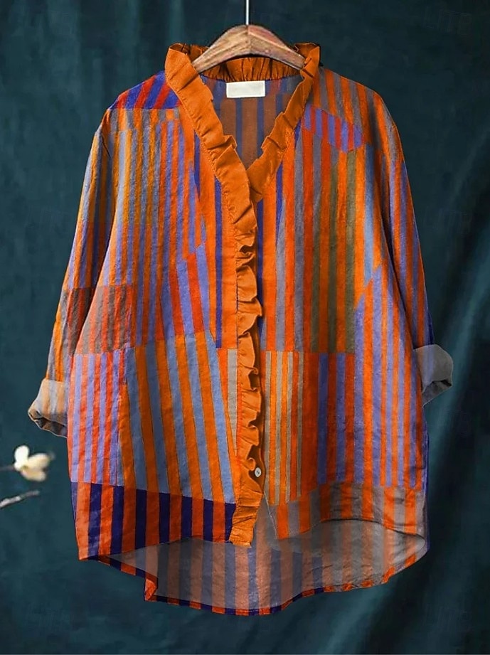 Mujer camisa boho Frunce Volante Graphic Geométrico Elegante Bohemia Activo Escote en Pico Tops regulares Diario Trabajo Festivos Azul Piscina Granate Negro Rosa Naranja Verano Primavera Otoño 2026 - $29.99 –P3