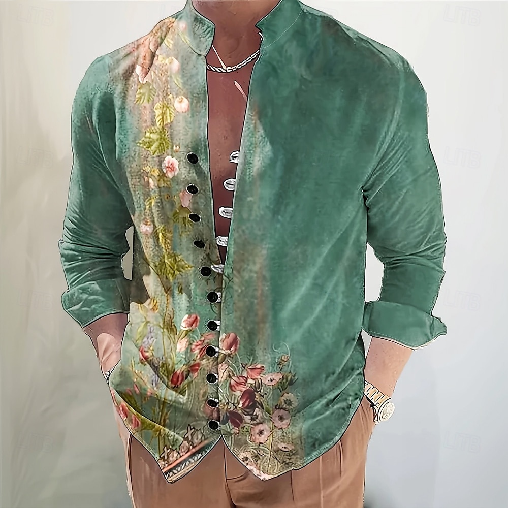 Herr Blomtryck Blommor Skjorta Ståkrageskjorta Långärmad Ledigt Semester Dagliga kläder Utekväll Vår Höst Kraghalsband Bandkrage Button-Down Linne som skjorta Grön 2025 - $25.99 –P1
