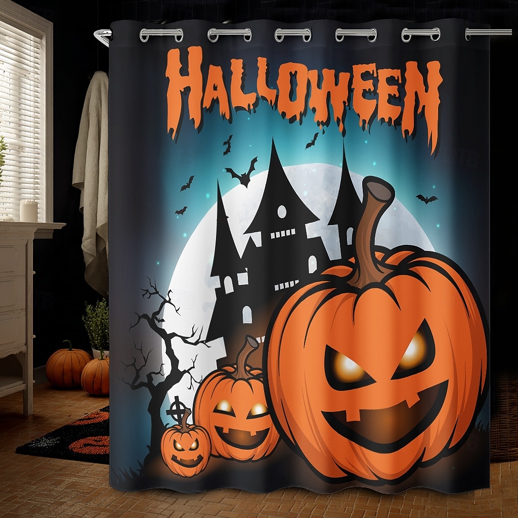 Halloweenský sprchový závěs s háčky, polyesterový, pratelný, voděodolný, vzorovaný, koupelnová vana, dekorace 2025 - $21.99 –P9