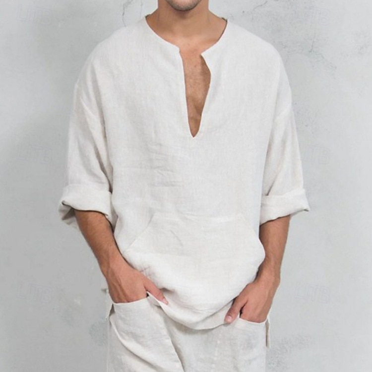 Bărbați Tee Top Tricou din in Manșon Lung Mânecă scurtă În V Vară Primăvară Simplu Modă Designer De Bază Moale Casual Vacanță Stradă Roz Top tricou pentru bărbați 2026 - $21.99 –P7