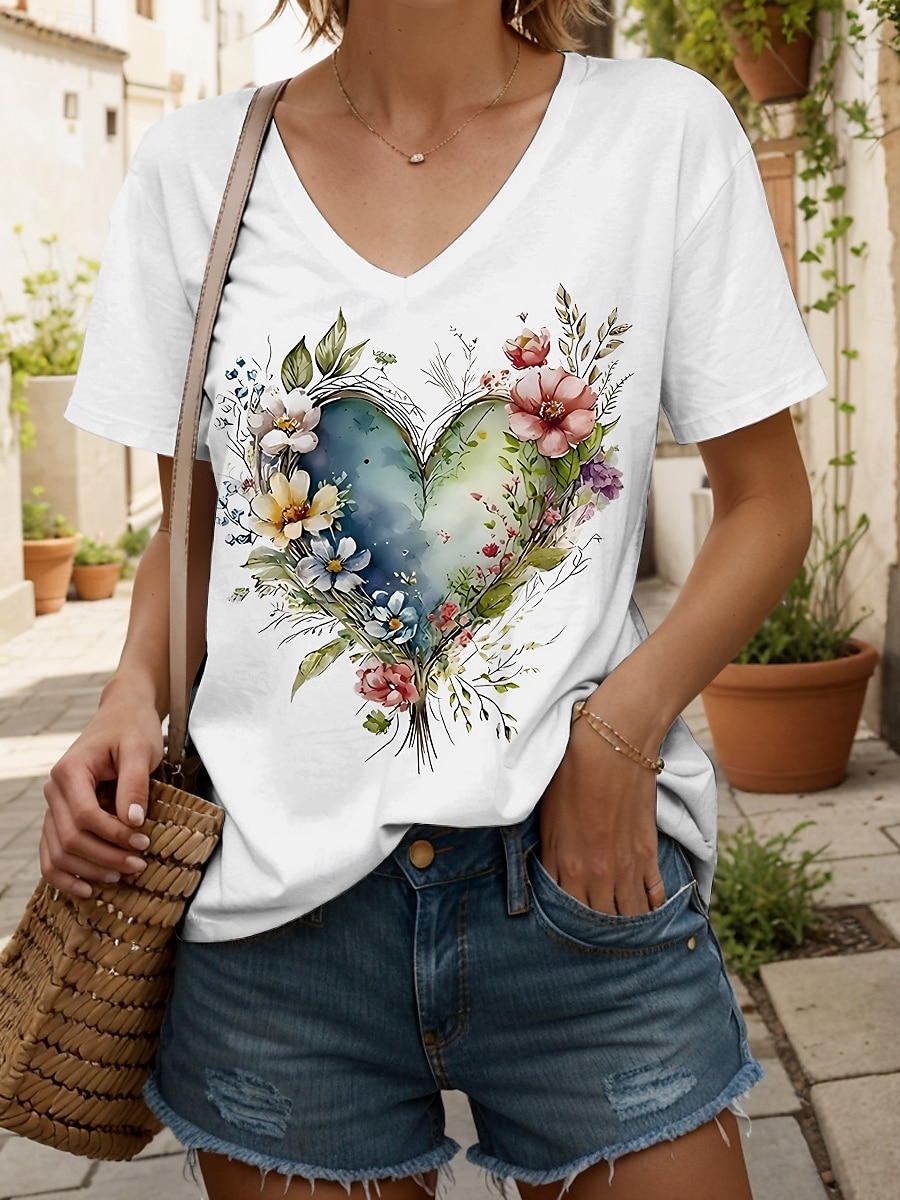 Femmes T-shirt Cœur Fleuri Graphique ancien Mode Hawaïen Manche Courte Col en V Hauts Réguliers Quotidien Sortir Week-end Imprimé Noir Blanche Jaune Rose Claire Bleu Été Printemps de 2025 ? $19.99 –P5
