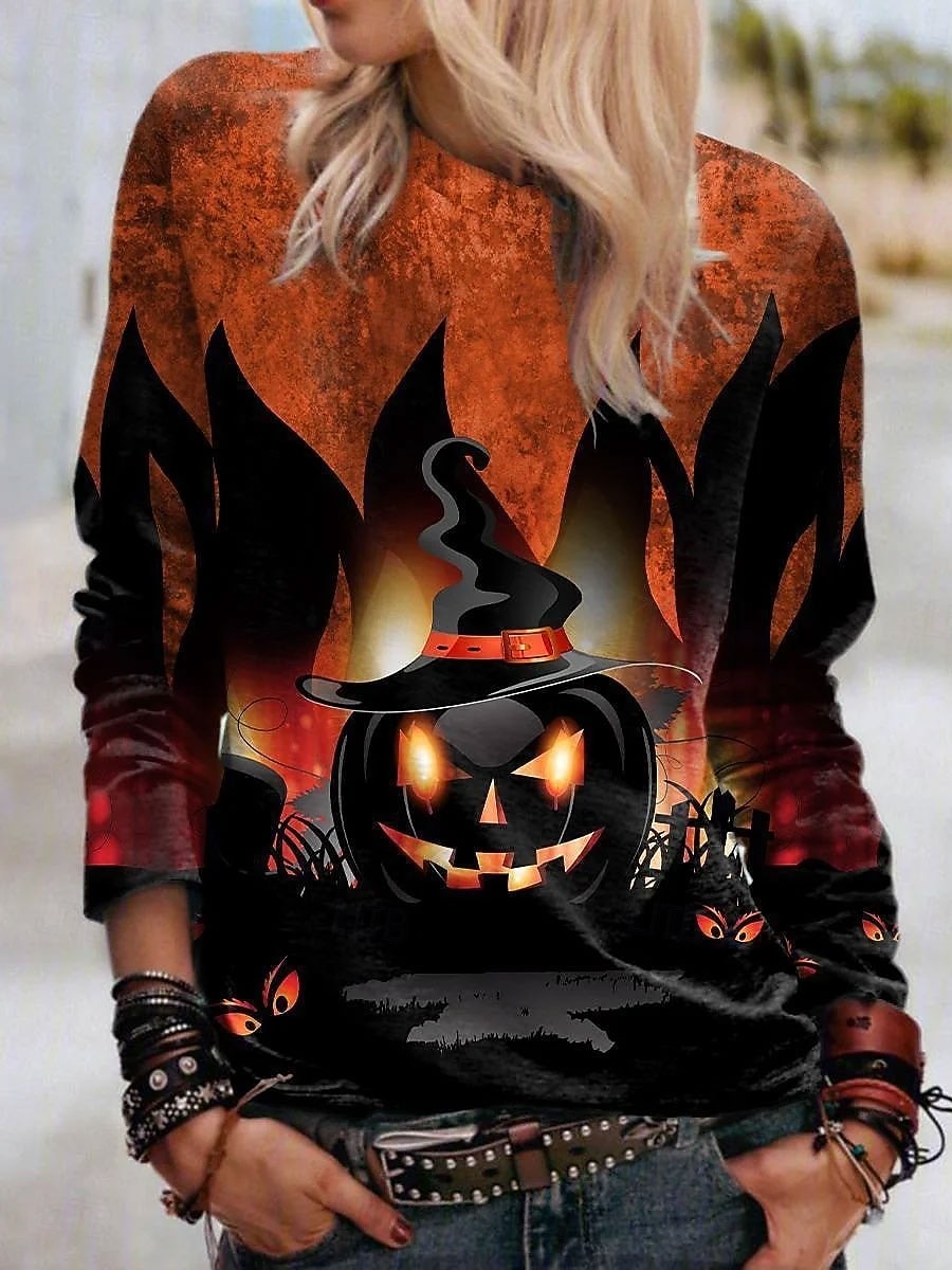 Halloween Maglietta Femminile Jack-o'-lantern Manica Lunga Girocollo Maglietta Grafica Fantasma Vintage Elegante Classica Top Girocollo Giornaliero Weekend Stampa Blu Viola Arancione Verde Primavera del 2026 a $24.99 –P1