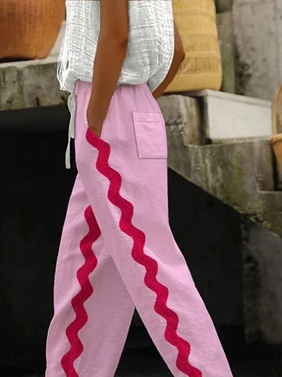 Chinos Femininos Linho Como Calças Férias Vintage Estilo Étnico Comprimento até o Tornozelo Cintura Alta Gráfico Linhas  Ondas Bordado Bolso Impressão Macia ao Ar Livre Respirável Inelástico Casual de 2026 por $49.99 –P2