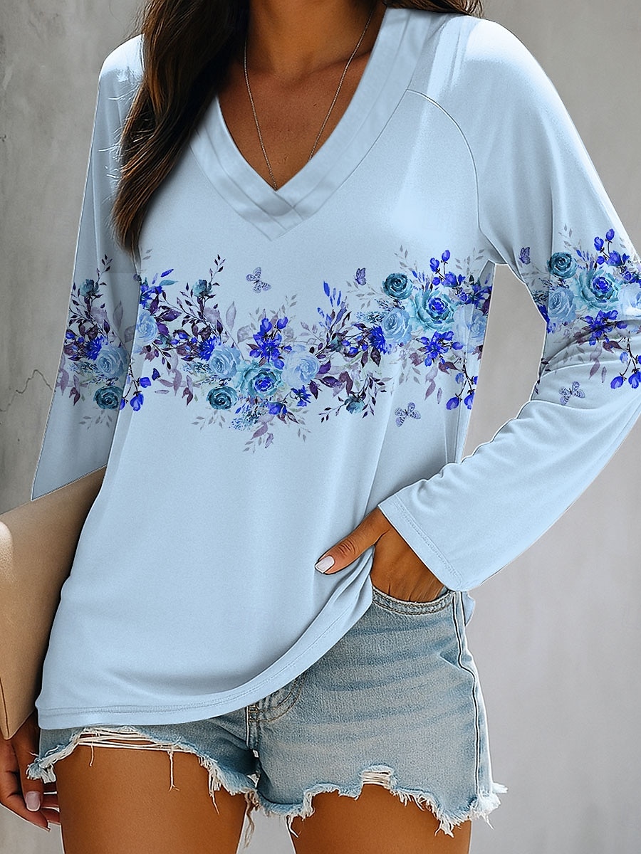 Femmes T-shirt Fleuri Graphique Plantes Élégant ancien Classique manche longue Col en V Hauts Réguliers Quotidien Sortir Week-end Imprimé Blanche Rose Claire Bleu Vert Été Printemps Automne de 2025 ? $22.99 –P3